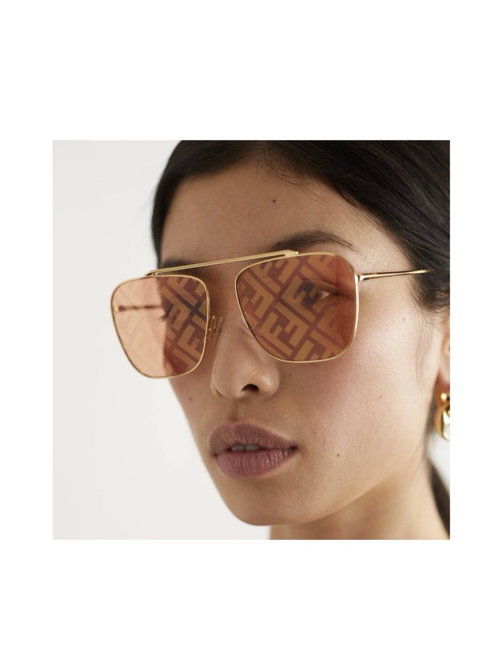 Fendi Gold Frame Rose-Tinted FF Logo Square Aviator Sunglasses